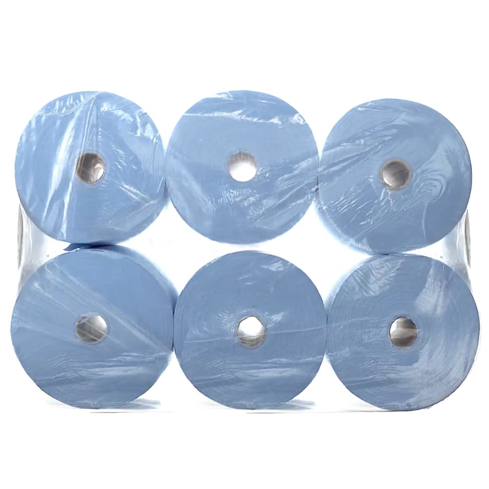 Seis grandes rolos de toalhas de mão Scott® (304,00 m x 19,80 cm) da Kimberly-Clark GmbH estão empilhados em duas fileiras de três e embalados juntos em uma embalagem de plástico transparente.
