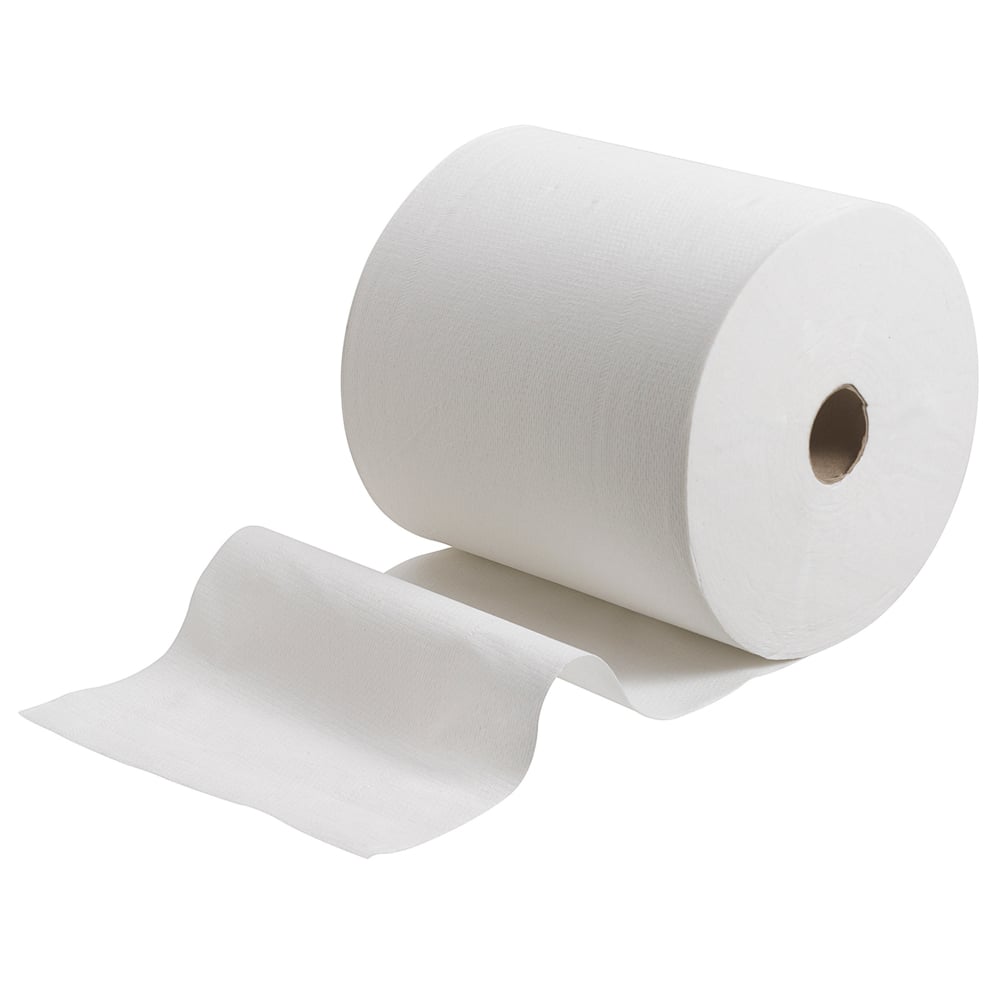 Um grande rolo de toalhas Scott® (304,00 m x 19,80 cm) da Kimberly-Clark GmbH está parcialmente desenrolado sobre um fundo branco simples, destacando sua qualidade e funcionalidade.