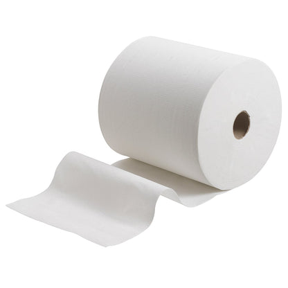 Um grande rolo de toalhas Scott® (304,00 m x 19,80 cm) da Kimberly-Clark GmbH está parcialmente desenrolado sobre um fundo branco simples, destacando sua qualidade e funcionalidade.