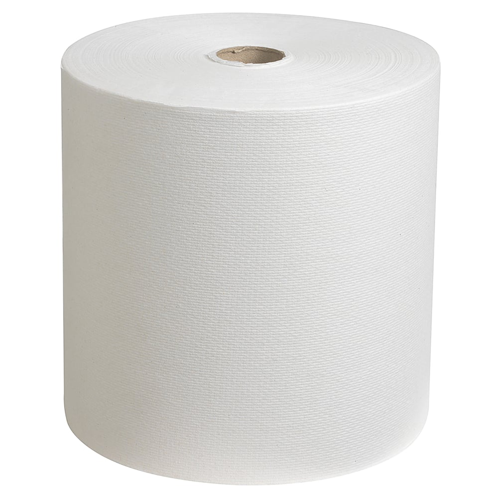 Um rolo de toalha Scott® - rolo (304,00 m x 19,80 cm) da Kimberly-Clark GmbH está em pé, mostrando sua superfície texturizada e núcleo oco, destacando sua utilidade diária.