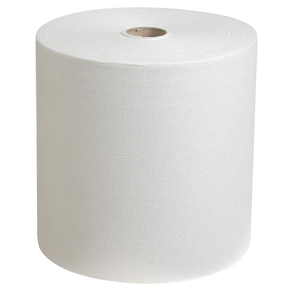Um rolo de toalha Scott® - rolo (304,00 m x 19,80 cm) da Kimberly-Clark GmbH está em pé, mostrando sua superfície texturizada e núcleo oco, destacando sua utilidade diária.