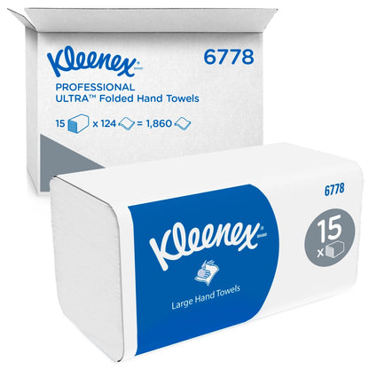Uma embalagem grande de lenços dobráveis Kleenex® Branco/Grande da Kimberly-Clark GmbH está à frente de uma caixa de envio de marca, ambos com 15 pacotes x 124 folhas por caixa (15 pacotes), totalizando 1.860 lenços.
