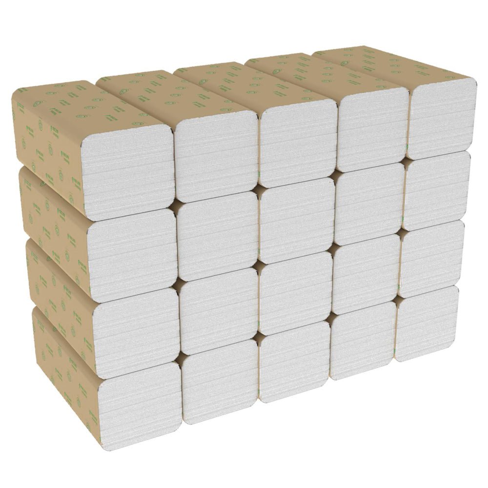 Uma pilha de 20 toalhas Hostess™ NATURA™ (dobragem em ziguezague, 23 x 25 cm) da Kimberly-Clark GmbH vem em papel castanho, dispostas em quatro filas e cinco colunas.