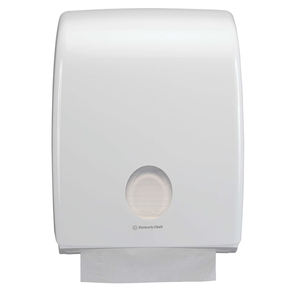 O dispensador Aquarius™ para toalhas de mão dobradas da Kimberly-Clark GmbH em branco é ideal para formatos de dobra em C e é fornecido como 1 dispensador na caixa.
