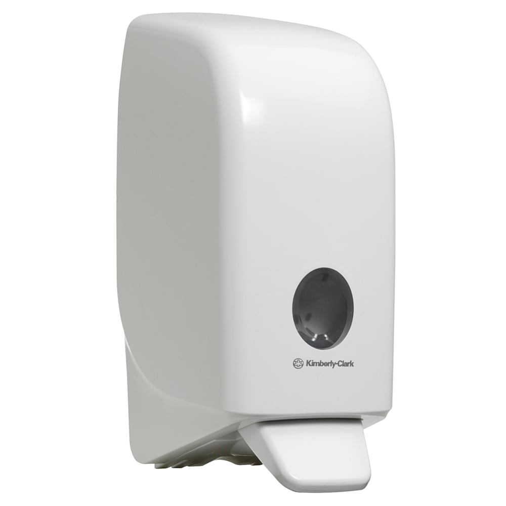 O dispensador Aquarius™ para loções de lavagem, cartucho de 1 Ltr, branco, da Kimberly-Clark GmbH é um dispensador de sabão montado na parede com alavanca de pressão e janela de visualização - ideal como dispensador higiênico para limpeza das mãos.