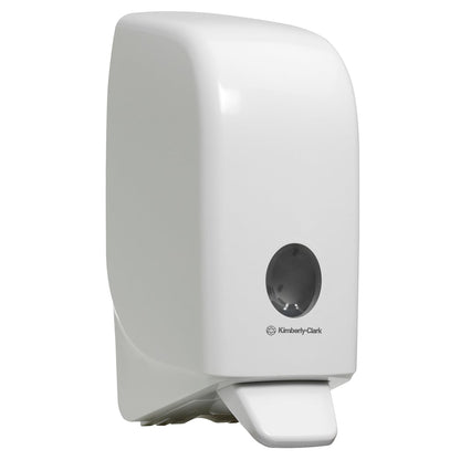 O dispensador Aquarius™ para loções de lavagem, cartucho de 1 Ltr, branco, da Kimberly-Clark GmbH é um dispensador de sabão montado na parede com alavanca de pressão e janela de visualização - ideal como dispensador higiênico para limpeza das mãos.