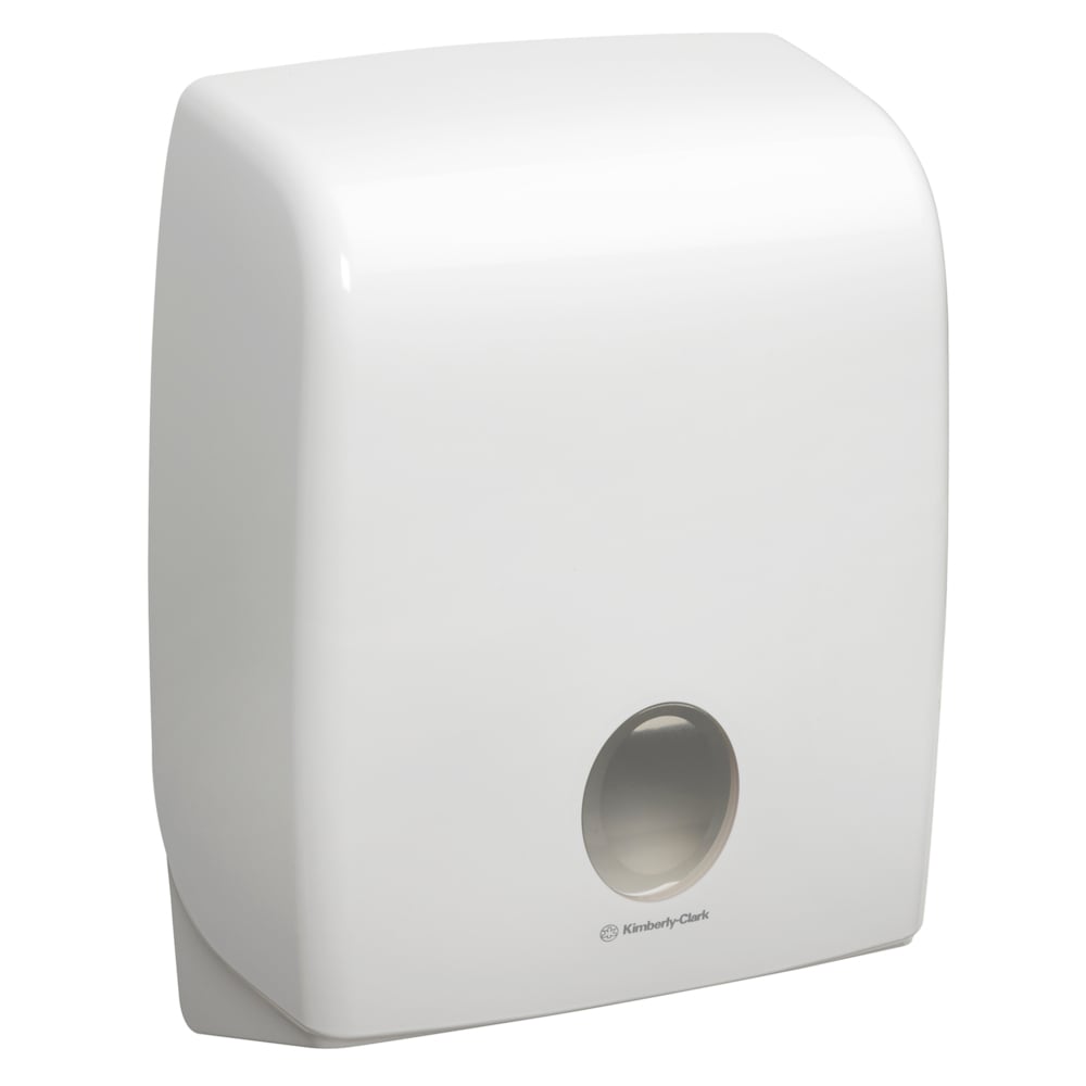 O dispensador Aquarius™ para toalhas de mão dobradas (Dobra em C, Branco) da Kimberly-Clark GmbH é um dispensador branco montado na parede com forma retangular arredondada e janela de visualização. Perfeito para toalhas de papel dobradas em C.