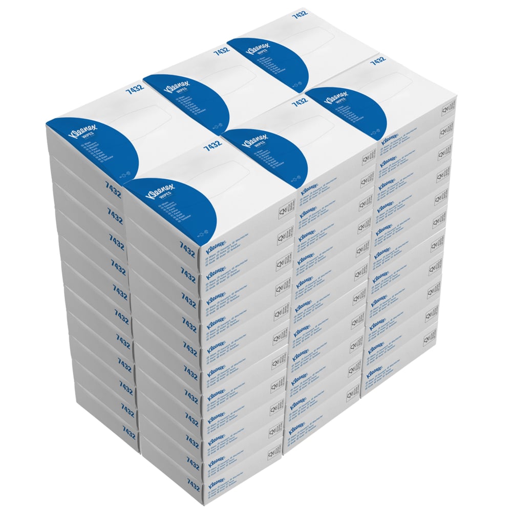Ein großer Stapel Auslaufartikel: Kleenex® Wischtücher Interfold Weiß von Kimberly-Clark GmbH - 66 Kartons × 80 Blatt pro Karton, mit blauer Beschriftung und ideal für die hygienische Reinigung.