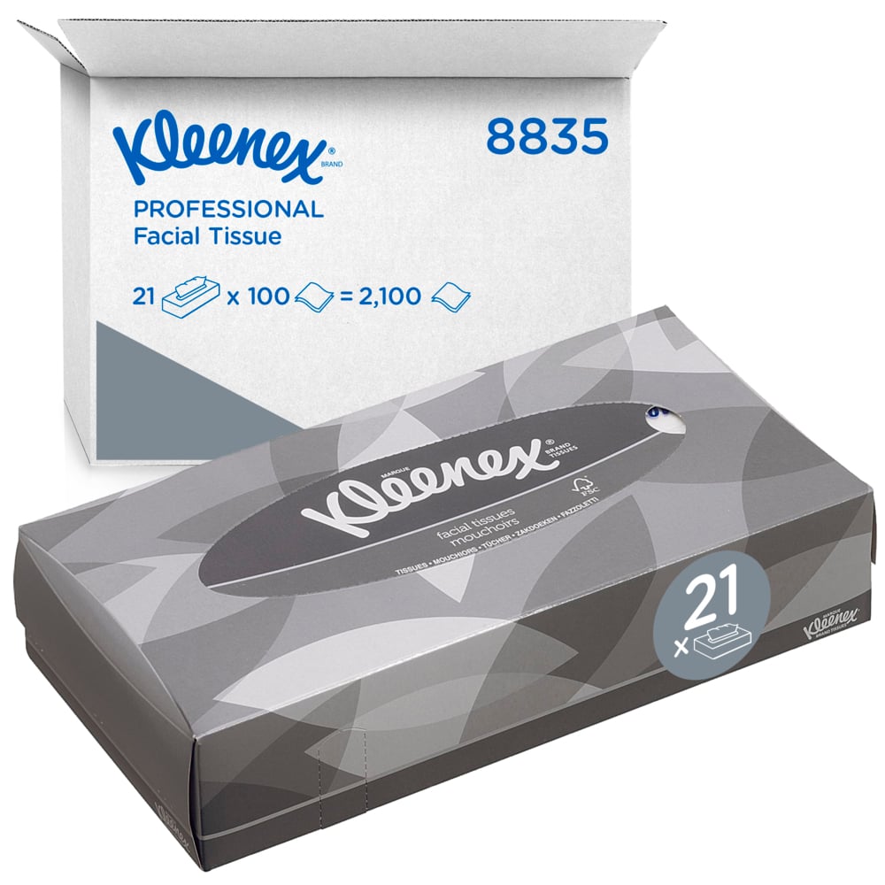 É mostrada uma caixa retangular de lenços de cosméticos Kleenex® - Standard / Branco da Kimberly-Clark GmbH com sua caixa de envio. Cada caixa contém 21 pacotes com 100 lenços, ideal para remoção de maquiagem ou limpeza facial (total de 2.100 lenços).