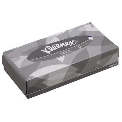 Uma caixa retangular de lenços de cosméticos Kleenex® - Standard / Branco da Kimberly-Clark GmbH com design geométrico cinza e abertura oval - perfeita para limpeza facial ou remoção de maquiagem.