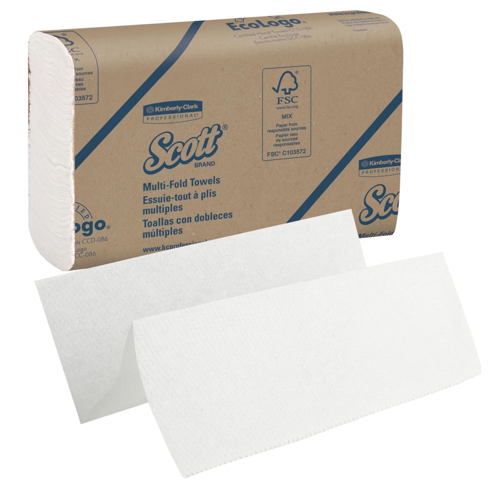 Uma caixa de toalhas Scott® - MultiFold, Branco, Médio, 16 clipes x 250 folhas da Kimberly-Clark GmbH; ilustrada com duas toalhas brancas não dobradas - ideal para secagem higiênica das mãos.