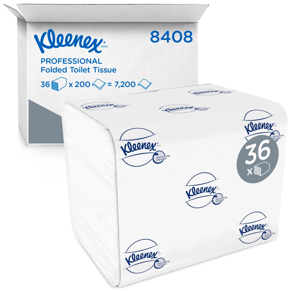 Eine geöffnete Schachtel mit der Aufschrift "Kleenex® Toilettenpapier - Einzelblattsytem / Weiß / 200" der Kimberly-Clark GmbH zeigt hochwertiges Toilettenpapier. Auf der Vorderseite befindet sich eine verpackte Packung mit dem Kleenex-Logo und der Aufschrift "36 x 200 = 7.200" auf der Schachtel.