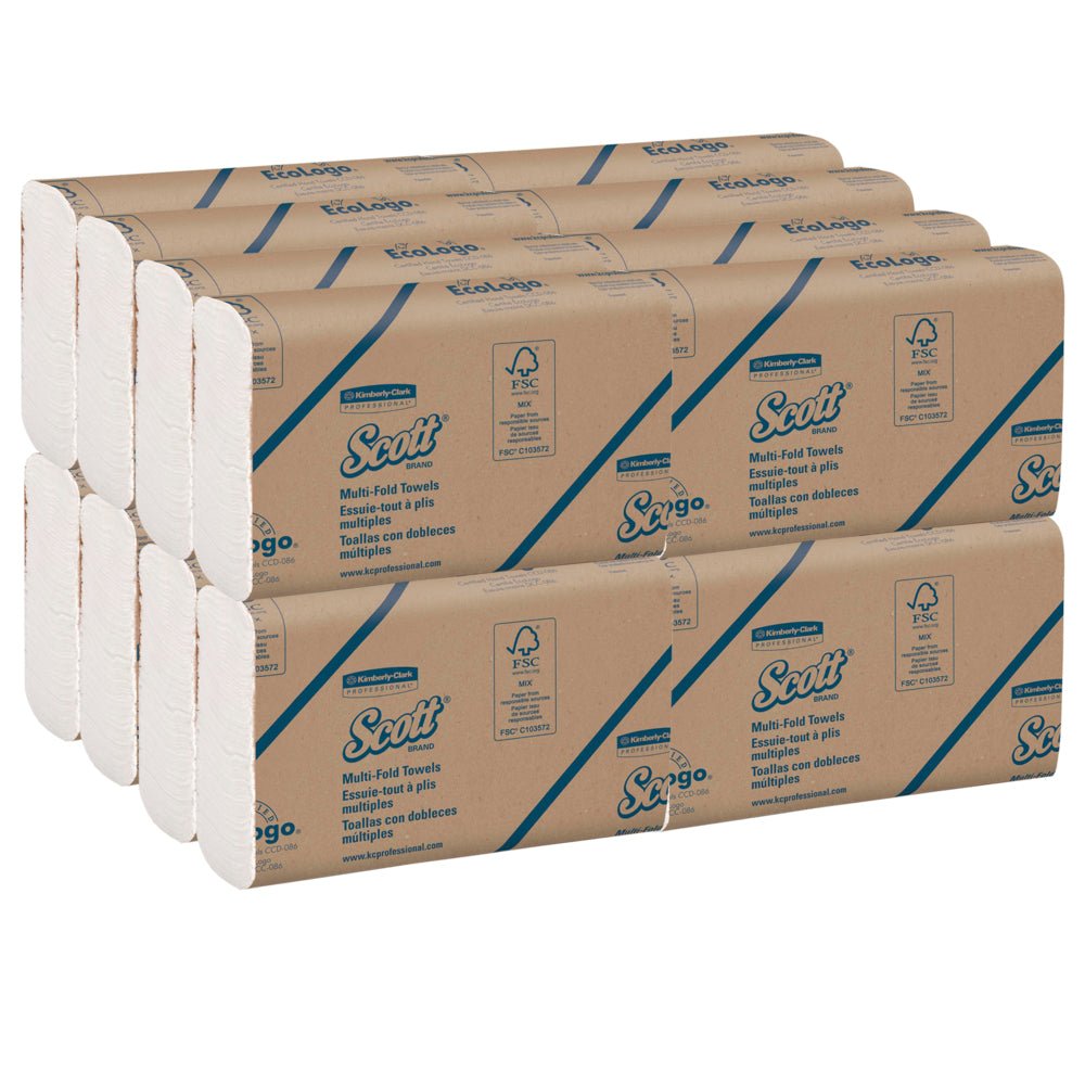 Dezesseis pacotes brancos, dobrados várias vezes, de toalhas Scott® da Kimberly-Clark GmbH estão ordenadamente empilhados; cada pacote contém 250 folhas e possui uma marca clara - perfeito para secagem higiênica das mãos.