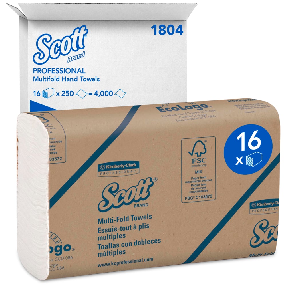Uma caixa de envio branca com a inscrição "Scott® Toalhas - MultiFold / Branco" da Kimberly-Clark GmbH contém 16 pacotes com 250 folhas cada (totalizando 4.000 toalhas) e oferece secagem higiênica das mãos no prático multipack.