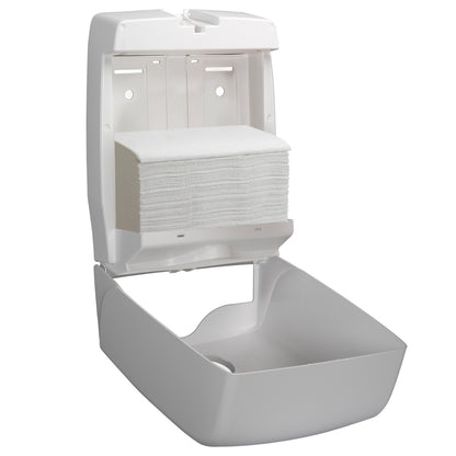 Um dispensador de plástico branco montado na parede, contendo toalhas Scott® - MultiFold / Branco (Kimberly-Clark GmbH), oferece secagem higiênica das mãos com 16 pacotes de 250 folhas por caixa.