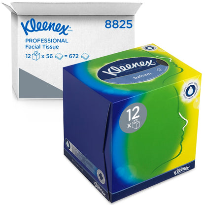 Uma caixa de lenços cosméticos Kleenex® - Caixa de cubos / Branco da Kimberly-Clark GmbH contém 12 pacotes com 56 lenços cada; a embalagem exibe o logotipo Kleenex e acentos em azul, verde e amarelo - ideal para o cuidado facial.
