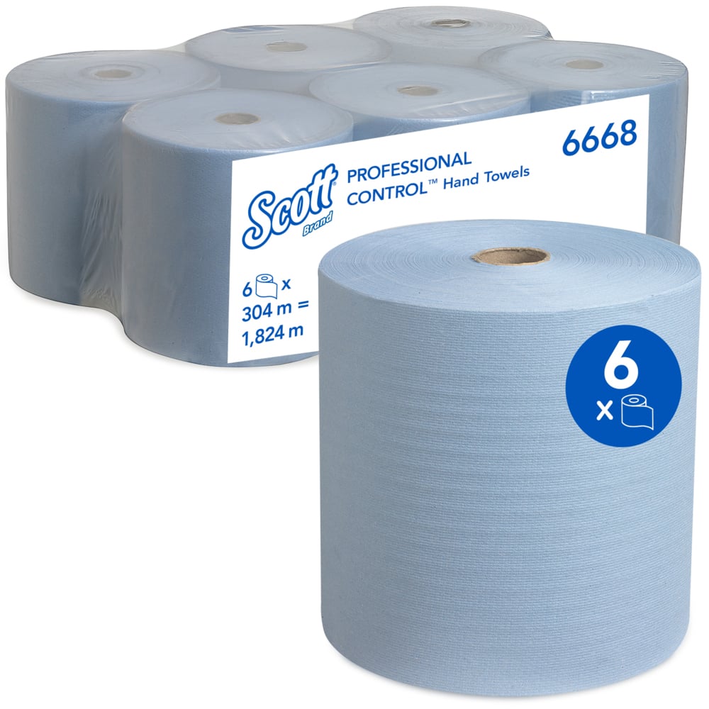 A imagem mostra um pacote de seis rolos de toalhas de mão Scott® azul - rolo da Kimberly-Clark GmbH; um rolo na frente, o resto embalado. Cada rolo tem 304 m x 19,8 cm, totalizando 1.824 m de toalhas de papel profissionais e sustentáveis.