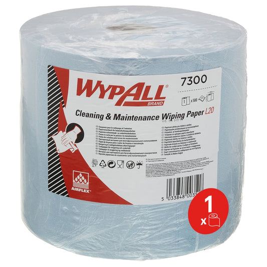 Das WypAll® L20 Papierwischtuch für Instandhaltungsarbeiten Großrolle in Blau von Kimberly-Clark GmbH enthält 1 Rolle mit 500 Tüchern, ist in Folie verpackt und trägt ein Label mit Produktinfos; ein rotes Symbol weist auf den Einzelrolleninhalt hin.