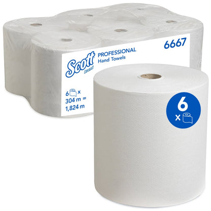Um grande rolo de toalhas de mão Scott® - rolo (304,00 m x 19,80 cm) da Kimberly-Clark GmbH está diante de um pacote de seis, rotulado com "6 x 304 m = 1.824 m" e identificado com o número 6667.