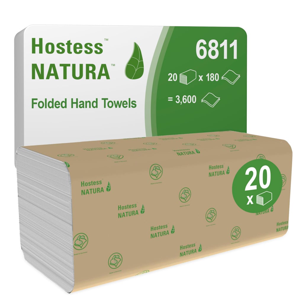 Um pacote de toalhas Hostess™ NATURA™ - dobragem em ziguezague (23x25 cm) da Kimberly-Clark GmbH, número de produto 6811, contém 20 pacotes com 180 toalhas ecológicas cada (total: 3.600), embaladas em papel castanho com impressão verde.