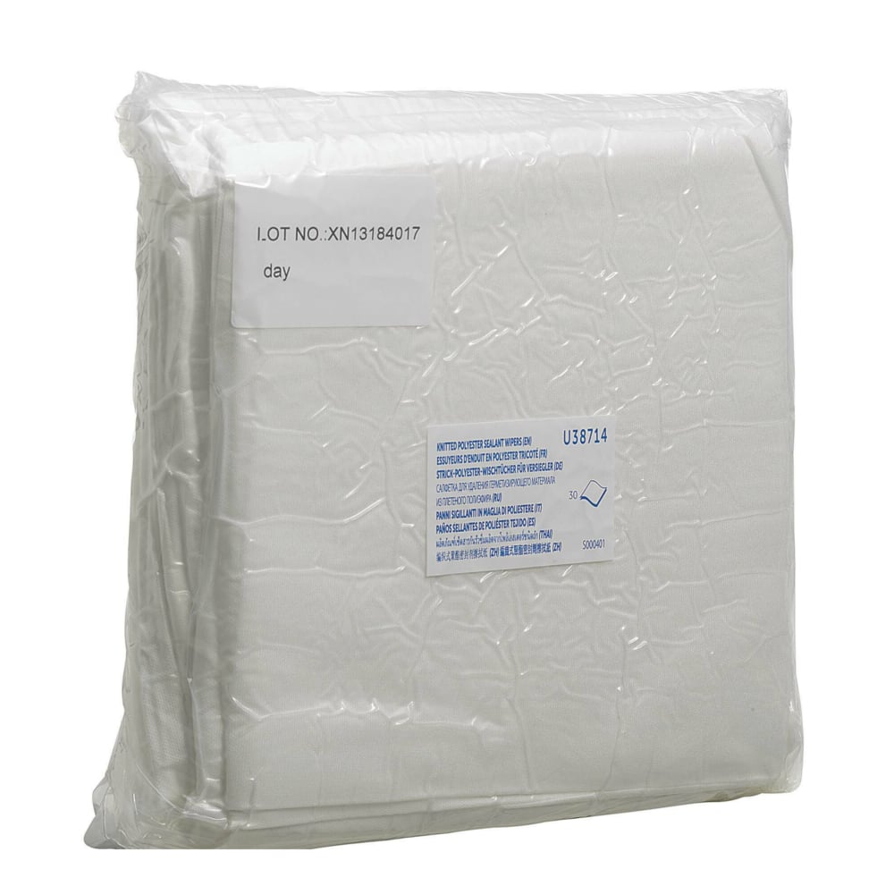 Os toalhetes Auto Sealant Kimtech® da Kimberly-Clark GmbH vêm em uma embalagem transparente selada com toalhetes brancos dobrados, ideais para a limpeza de veículos. Um rótulo de número de lote e um rótulo informativo azul e branco são visíveis na frente. 12 caixas x 30 folhas por caixa.