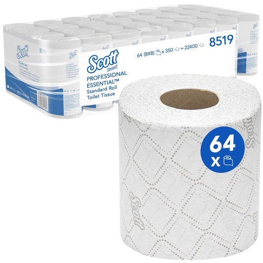 Das Scott® Essential™ Toilettenpapier von Kimberly-Clark GmbH enthält 8 Packungen mit je 8 kleinen Rollen, insgesamt 64 Rollen mit 350 Blatt pro Rolle. Eine Rolle ist auf der Vorderseite abgebildet, und die Verpackung hebt das Branding und die Mengenangaben hervor.