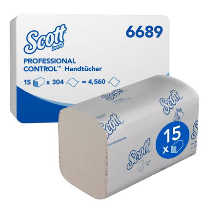 Uma caixa de toalhas de mão Scott® Control™ Interfold da Kimberly-Clark GmbH, branca, 15 pacotes x 304 folhas (4.560 no total), vem em uma embalagem branca e azul com a inscrição "6689" para secagem eficiente das mãos.