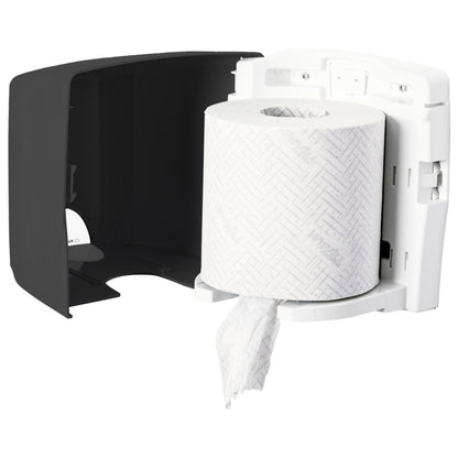 Der Kimberly-Clark GmbH Aquarius™ Wischtuch-Spender - Roll Control in grau ist ein wandmontierter Spender mit offener schwarzer Abdeckung, der mit dem Roll Control System für eine saubere, fertige Ausgabe ausgestattet ist - ideal für den professionellen Einsatz.