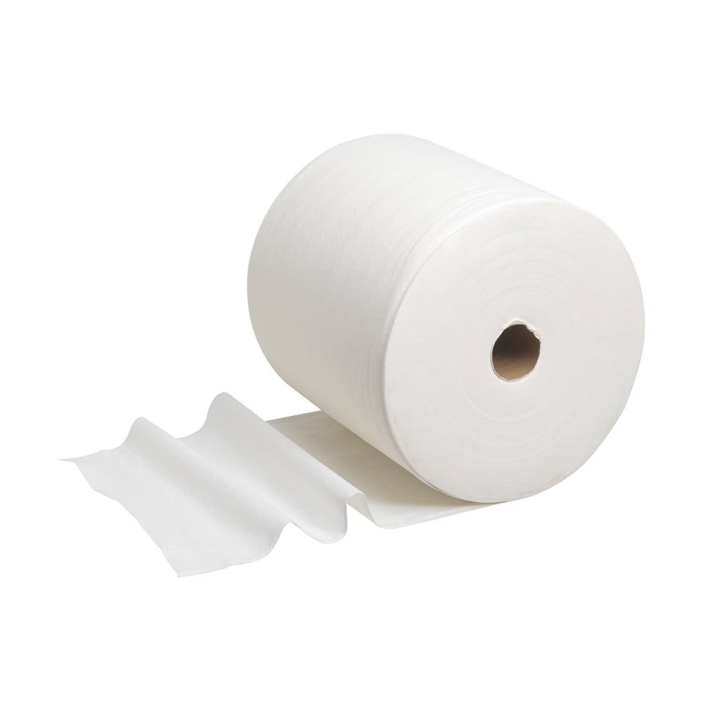 Um rolo grande de toalhetes WypAll® L40 em branco (1 rolo x 875 toalhetes) da Kimberly-Clark GmbH está parcialmente desenrolado sobre um fundo branco - ideal para limpeza industrial eficiente.