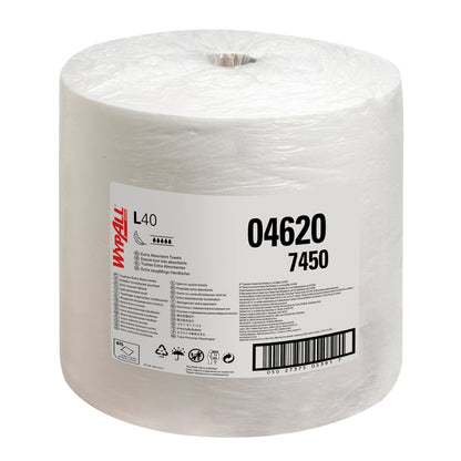 Um grande rolo branco de toalhetes WypAll® L40 da Kimberly-Clark GmbH está embalado em plástico e mostra uma etiqueta de produto com o modelo 04620 e 875 folhas - ideal para limpeza industrial - com códigos de barras e instruções de uso.
