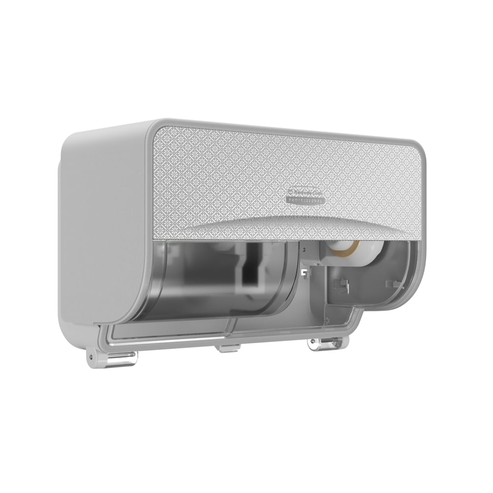 O distribuidor de papel higiénico cinzento Kimberly-Clark Professional™ Icon™, para montagem na parede — rolos pequenos, da Kimberly-Clark GmbH — apresenta uma parte frontal texturada e uma tampa parcialmente aberta, com um rolo de papel higiénico no interior.