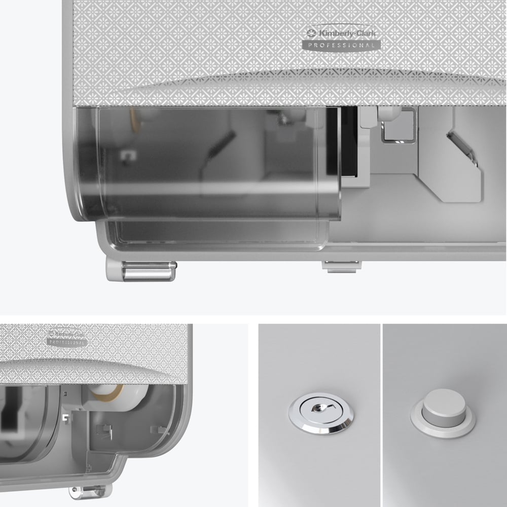Uma imagem em grande plano do distribuidor de papel higiénico Kimberly-Clark Professional™ Icon™, para montagem na parede — rolos pequenos da Kimberly-Clark GmbH com a parte frontal estampada. Outras imagens mostram a fechadura, o botão redondo e uma vista lateral aberta, que revela as peças internas.