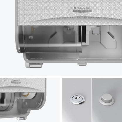 Uma imagem em grande plano do distribuidor de papel higiénico Kimberly-Clark Professional™ Icon™, para montagem na parede — rolos pequenos da Kimberly-Clark GmbH com a parte frontal estampada. Outras imagens mostram a fechadura, o botão redondo e uma vista lateral aberta, que revela as peças internas.