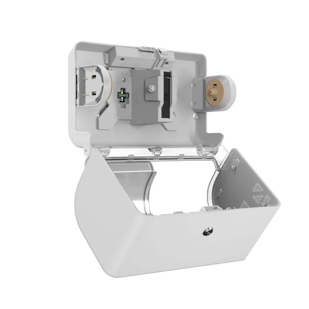 Um armário de comando branco, montado na parede, cuja tampa articulada permite ver os componentes internos — ideal para integração com o distribuidor de papel higiénico Kimberly-Clark Professional™ Icon™ — rolos pequenos da Kimberly-Clark GmbH.