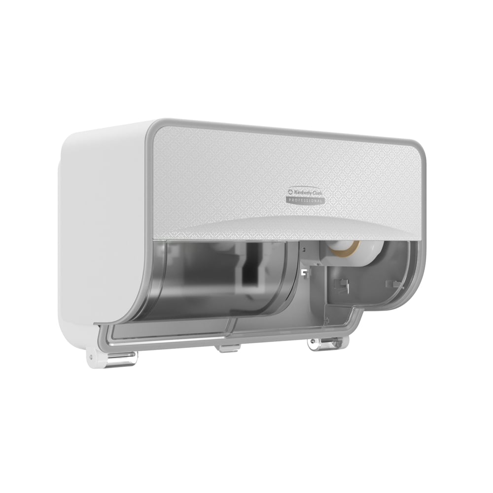 O distribuidor de papel higiénico de parede Kimberly-Clark Professional™ Icon™ — rolos pequenos, da Kimberly-Clark GmbH, possui um painel frontal transparente que permite visualizar um rolo parcialmente utilizado e apresenta um design retangular elegante em branco e cinzento.