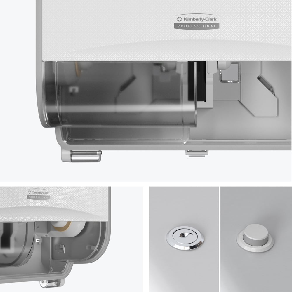 As imagens em grande plano do distribuidor de papel higiénico Kimberly-Clark Professional™ Icon™ — rolos pequenos da Kimberly-Clark GmbH — mostram o painel frontal, o compartimento interior para rolos pequenos, o mecanismo de fecho e os botões redondos como detalhes de design.