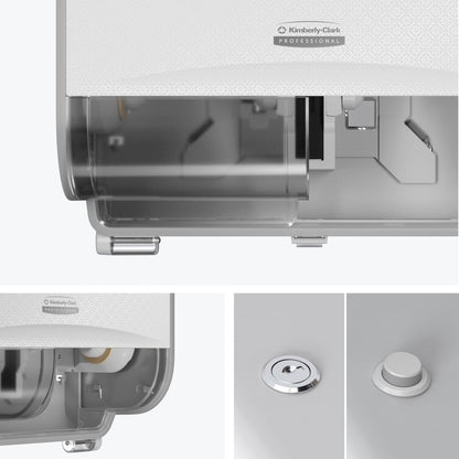 As imagens em grande plano do distribuidor de papel higiénico Kimberly-Clark Professional™ Icon™ — rolos pequenos da Kimberly-Clark GmbH — mostram o painel frontal, o compartimento interior para rolos pequenos, o mecanismo de fecho e os botões redondos como detalhes de design.