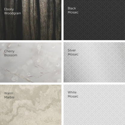 Uma grelha composta por seis padrões apresenta os designs de superfície para o distribuidor de papel higiénico Kimberly-Clark Professional™ Icon™ — rolos pequenos da Kimberly-Clark GmbH: Veio de ébano, Mosaico preto, Flor de cerejeira, Mosaico prateado, Mármore quente e Mosaico branco.