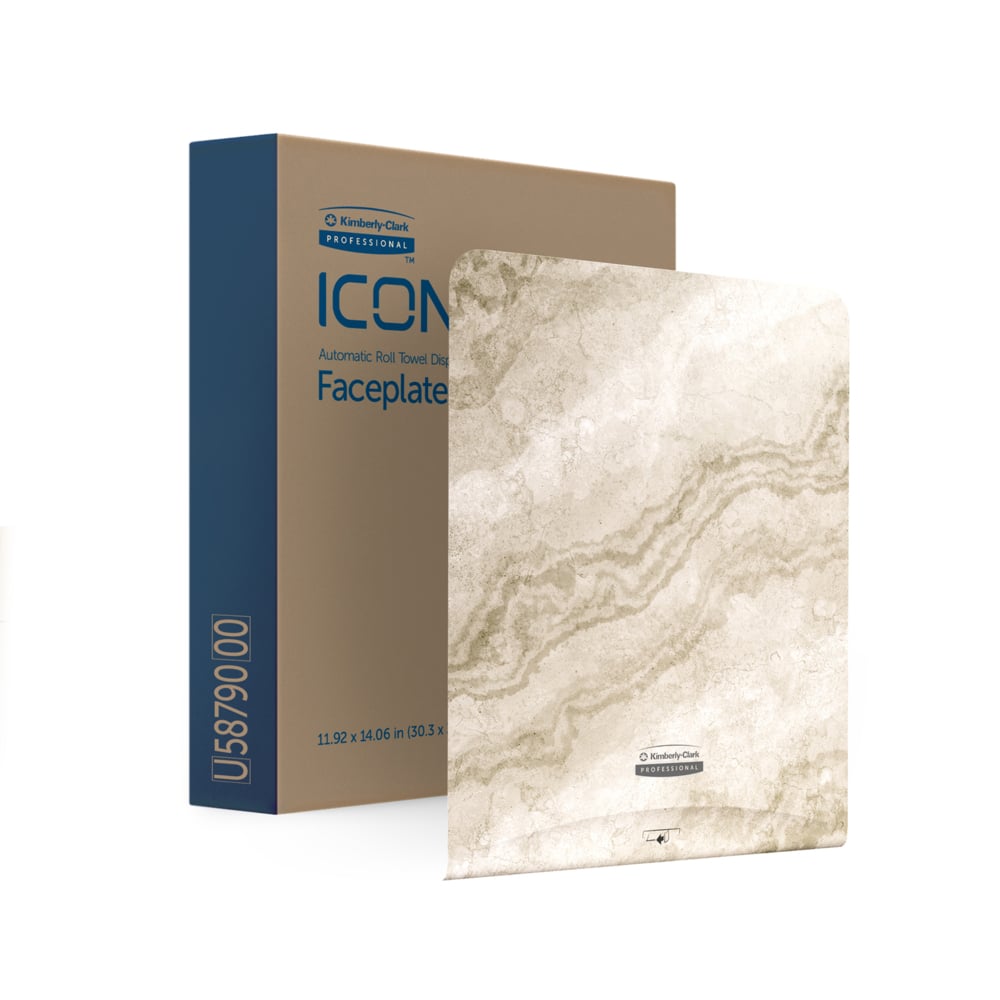 Eine rechteckige, marmorierte, beigefarbene Kimberly-Clark Professional™ Icon™ Spenderfrontplatte (33,02 x 37,47 x 3,18 cm) der Kimberly-Clark GmbH steht vor einer blau-braunen ICON Spenderbox für automatische Rollenhandtücher - ideal für Ihren Hygienebedarf.