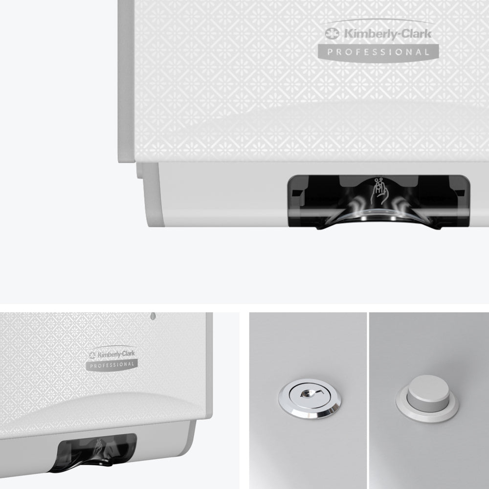 Um dispensador eletrónico de cuidados para a pele Kimberly-Clark Professional™ Icon™ da Kimberly-Clark GmbH em White Mosaic (1,2 l) é mostrado de vários ângulos, destacando o exterior de design, o logotipo, a ranhura do dispensador e a distribuição sem toque.