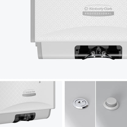Um dispensador eletrónico de cuidados para a pele Kimberly-Clark Professional™ Icon™ da Kimberly-Clark GmbH em White Mosaic (1,2 l) é mostrado de vários ângulos, destacando o exterior de design, o logotipo, a ranhura do dispensador e a distribuição sem toque.