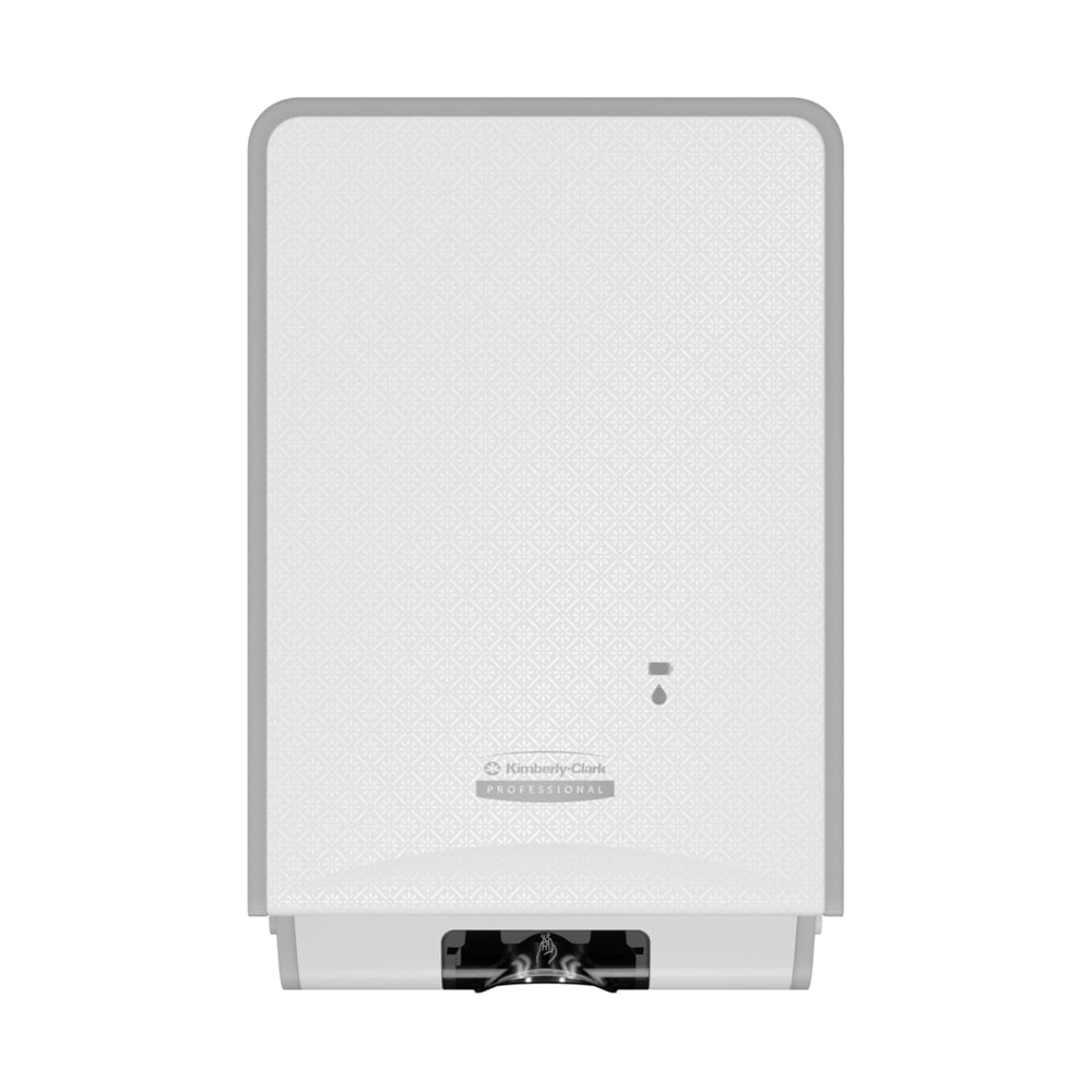 Um dispensador eletrónico de cuidados para a pele Kimberly-Clark Professional™ Icon™ branco (1,2 l) com distribuição sem toque no design White Mosaic - ideal para cuidados de mãos higiénicos em áreas públicas.