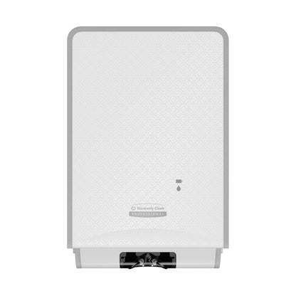 Um dispensador eletrónico de cuidados para a pele Kimberly-Clark Professional™ Icon™ branco (1,2 l) com distribuição sem toque no design White Mosaic - ideal para cuidados de mãos higiénicos em áreas públicas.
