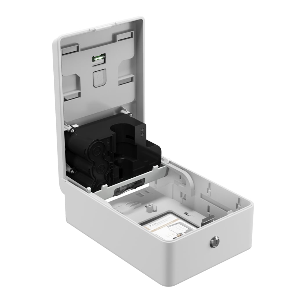 O dispensador eletrónico de cuidados para a pele Kimberly-Clark Professional™ Icon™ (White Mosaic, 1,2 l) da Kimberly-Clark GmbH possui distribuição sem toque, tampa dobrável com mecanismo de bloqueio, suporte de bateria preto, fiação e slot para cartão SIM para higiene.