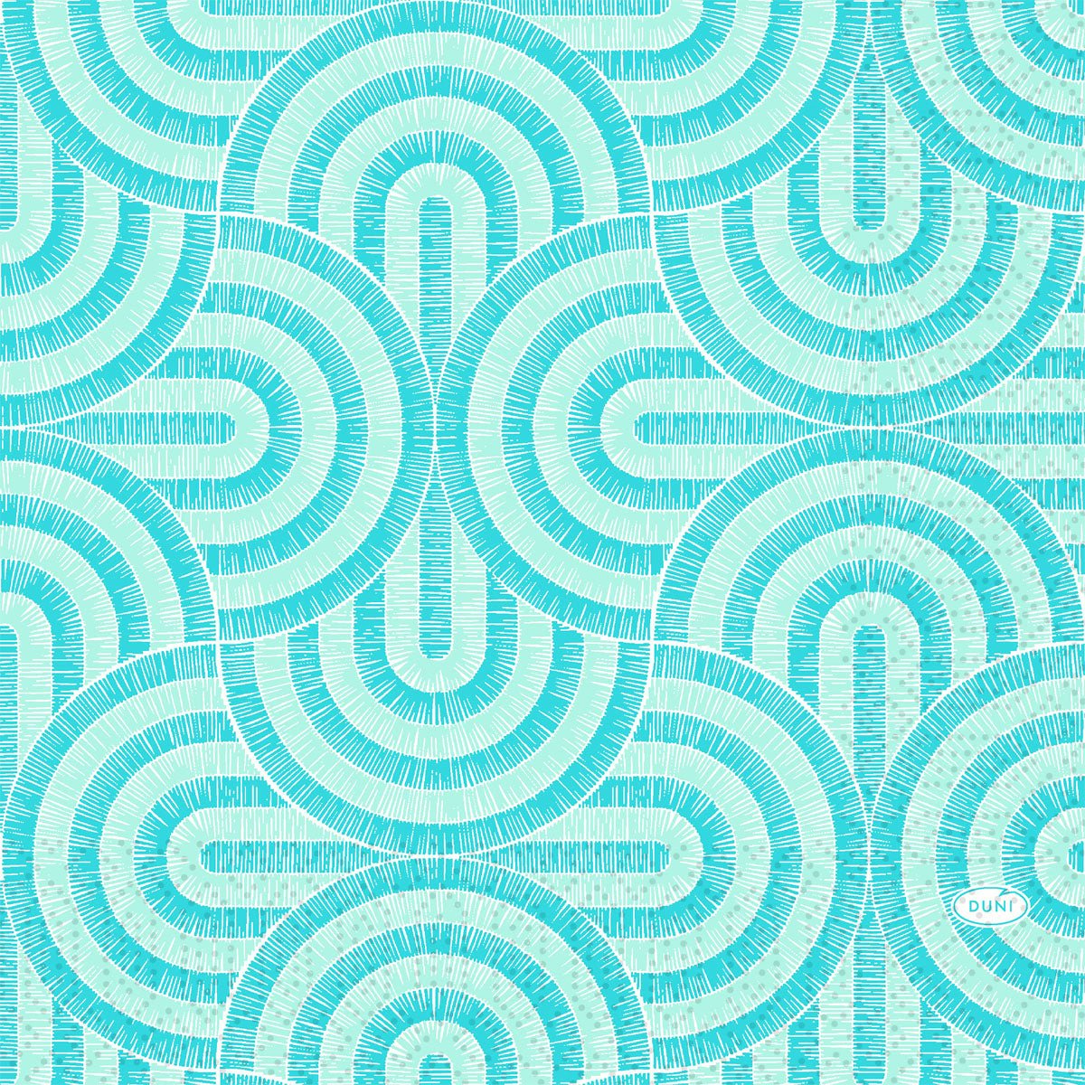 Guardanapos geométricos azul-turquesa e azul-menta com linhas finas em forma de raios, criando um padrão texturizado e simétrico. Duni GmbH "Breeze Mint Blue Guardanapos" 33x33 cm, embalagem com 50 unidades.