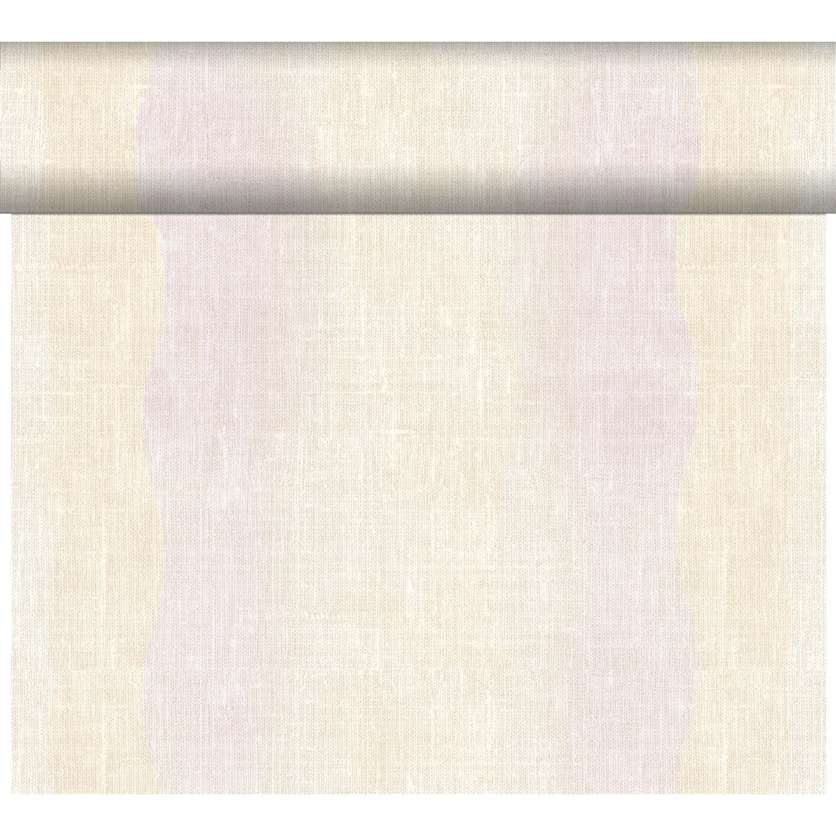 Eine Rolle Duni GmbH Dunicel-Tischläufer Tête-à-Tête (24 m x 0,4 m, 20 Abschnitte) in Hellbeige wird teilweise ausgerollt, um seine elegante Webstruktur als stilvolle Tischdekoration vor einem schlichten weißen Hintergrund zu zeigen.