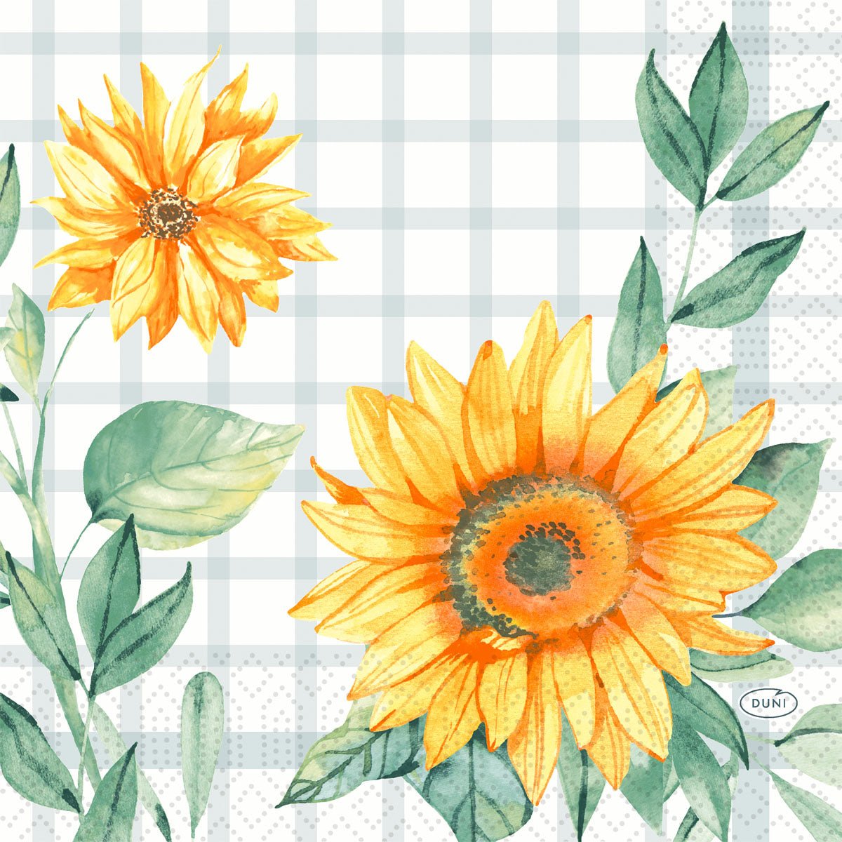 Ilumine a sua decoração de mesa com o Duni GmbH Serv.33x33 3lg 1/4 Sonnenblume-250er-Pack Guardanapos com girassóis amarelos e folhas verdes em tons aquarela sobre fundo branco e cinza claro. Perfeito para qualquer ocasião!.