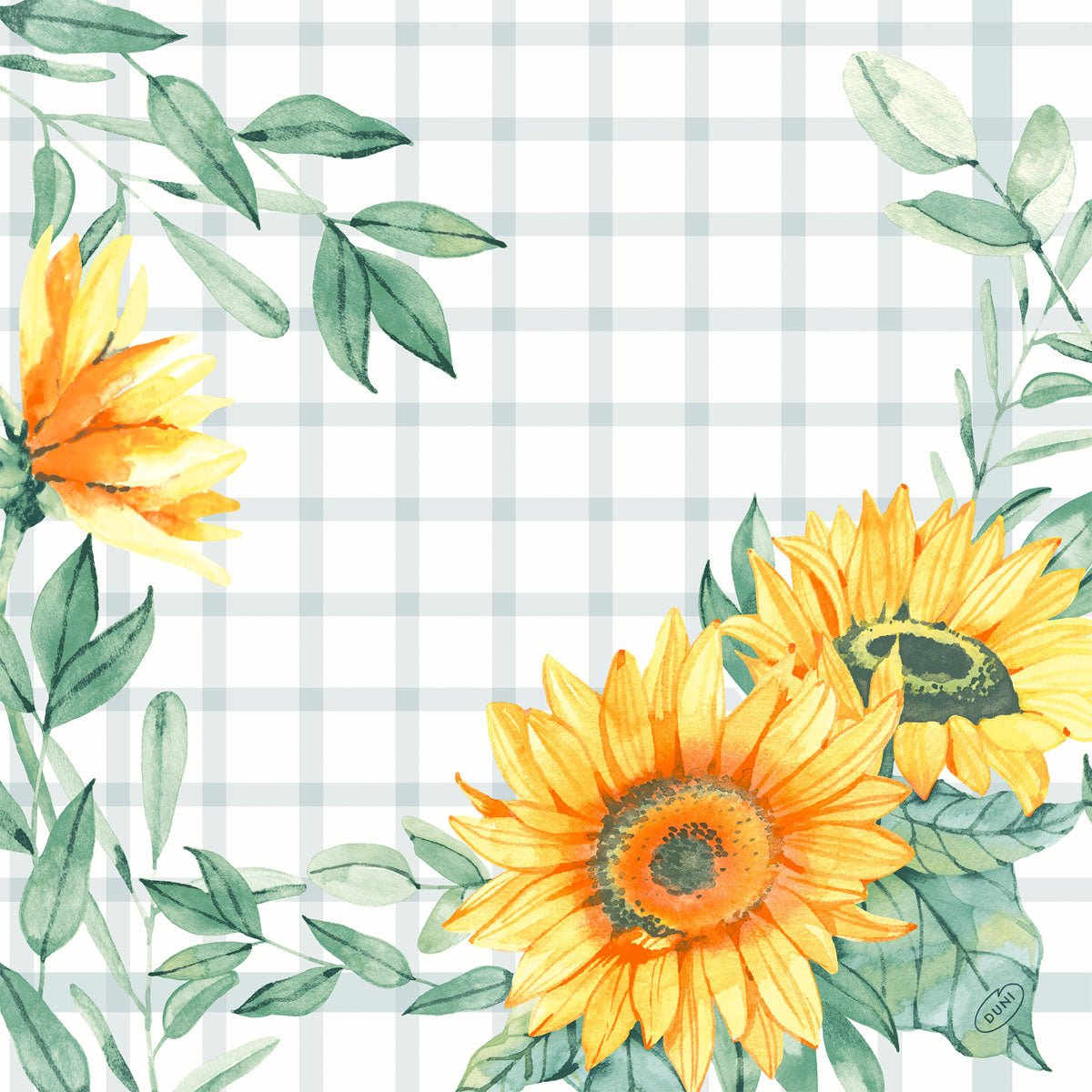 Ilustração em aquarela de três girassóis amarelos com folhas verdes em fundo branco com padrão xadrez cinza claro, ideal para decoração de guardanapos Dunisoft 40x40cm da Duni GmbH para um visual de guardanapo suave e semelhante a tecido.