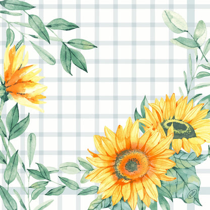 Ilustração em aquarela de três girassóis amarelos com folhas verdes em fundo branco com padrão xadrez cinza claro, ideal para decoração de guardanapos Dunisoft 40x40cm da Duni GmbH para um visual de guardanapo suave e semelhante a tecido.