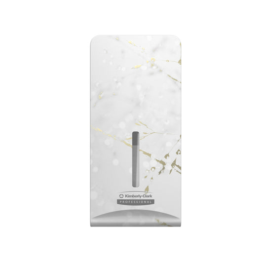 Die Kimberly-Clark Professional™ Icon™ Dispenser Faceplate - FTT von Kimberly-Clark GmbH (27,80 x 13,10 x 1,40 cm) zeichnet sich durch ein dezentes Marmordesign und ein vertikales Sichtfenster aus, das sich ideal in jedes Waschraumdekor einfügt.